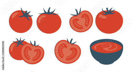 Tomatoes ripe fresh illustration, juicy slices and homemade tomato sauce in bowl, bright natural colors, healthy food concept, cooking ingredient visual, modern culinary artwork.