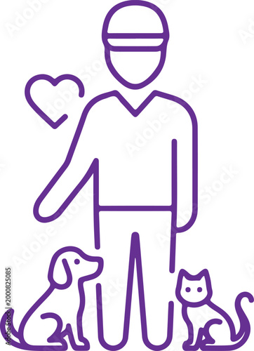 Person with pets and heart symbol in stylized line drawing Vector, illustration