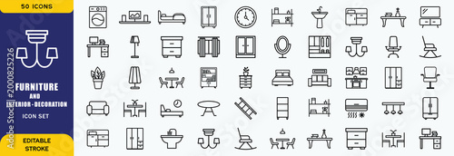 Home furniture and interior decoration outline editable icon set. featuring icons of various home furniture, appiliance, decoration and more. Editable stroke. Vector illustration