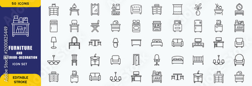 Home furniture and interior decoration outline editable icon set. featuring icons of various home furniture, appiliance, decoration and more. Editable stroke. Vector illustration