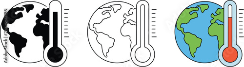Global warming illustration depicting earth with thermometers in varying styles for climate change awareness environmental temperature concept vector artwork