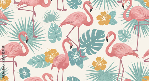 Vibrant pink flamingos and tropical leaves seamless pattern