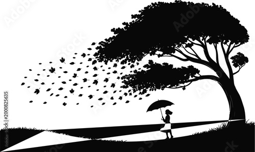 Professional black and white vector silhouette of a young girl holding an umbrella under a large tree with leaves blowing in a strong autumn wind.