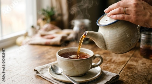 A person pouring tea into a cup on a wooden table with a cozy, rustic background.