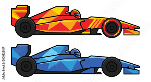 two racing cars with geometric patterns on white background
