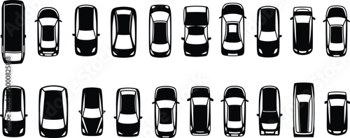 Top view icons of various passenger and pickup trucks vehicles illustration vector set on transparent background, for transport mapping, logistics, parking layout and automotive design elements.