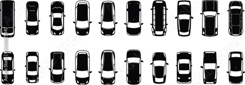 Top view vehicle icon set, passenger cars and pickup trucks illustrated in vector style on transparent background for traffic systems, fleet management and transportation planning graphics.