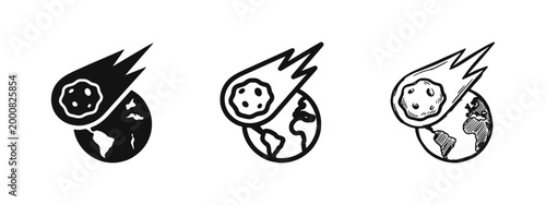 Meteor Asteroid Hitting Earth Icon Set - Natural Disaster and Space Impact Symbols