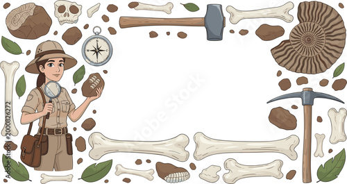 Dinosaur Fossil Excavation and Paleontologist Illustration with Bones, Fossils, Tools, and Exploration Equipment for Educational and Adventure Themes