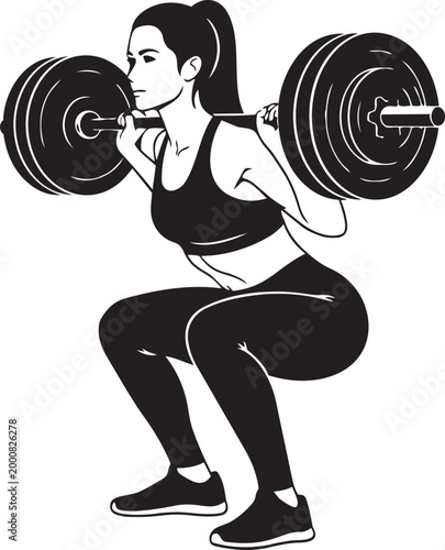 Woman barbell squat silhouette fitness training vector illustration isolated on white background