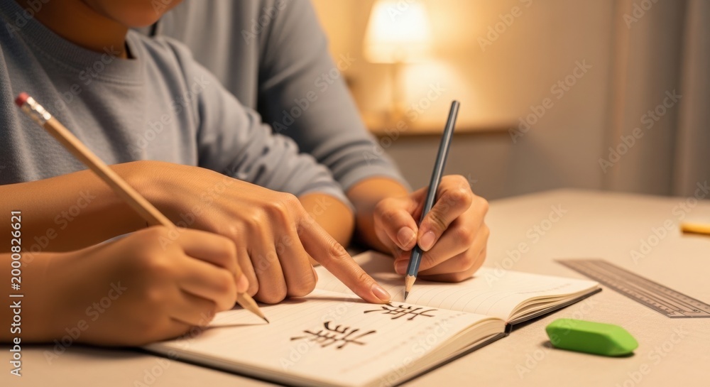 Naklejka premium Collaborative drawing experience with hands focused on sketching in notebook, creating designs and illustrations together at home.