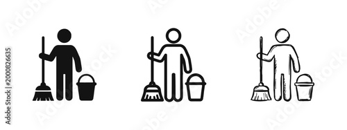 Cleaning Service Worker with Broom and Bucket Icon Set - Janitorial and Hygiene Symbols