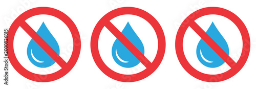 Water restriction icon collection, no water and drought warning symbols in isolated vector style, environmental conservation and safety signage set, simple modern design.