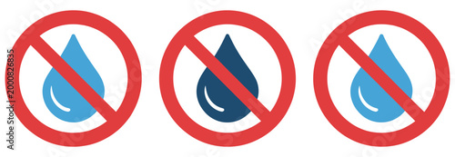 No water icon set, drought warning symbols isolated on white background, prohibition and water restriction signs, clean modern vector illustration for environmental alerts.