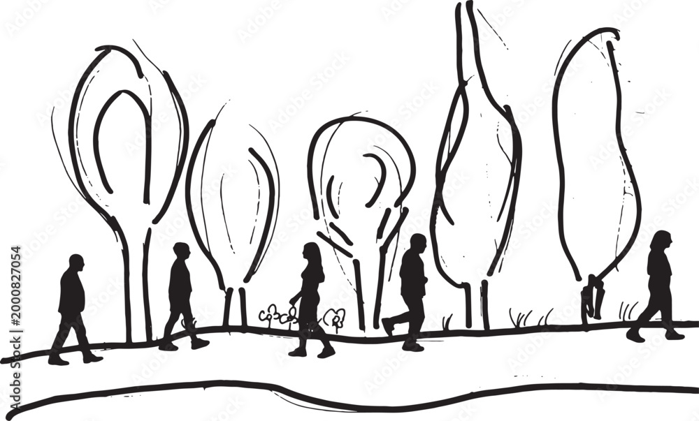 Fototapeta premium vector,Drawing made with a marker of people walking through a park