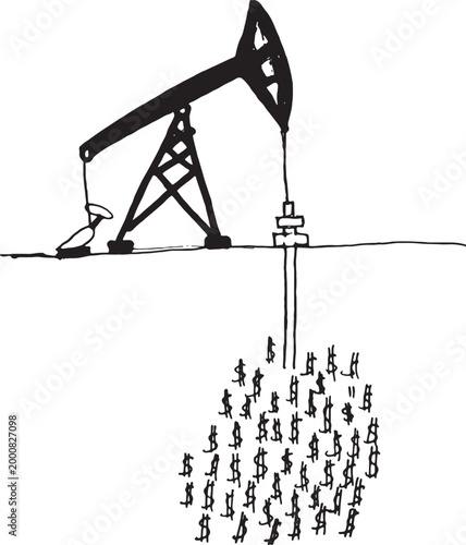 Schilderij op canvas vector,A marker drawing of an oil well producing dollars.