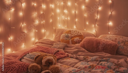 Cozy bedroom interior with warm fairy lights soft pillows plush toys and aesthetic bedding creating relaxing ambiance comfort lifestyle home decor concept