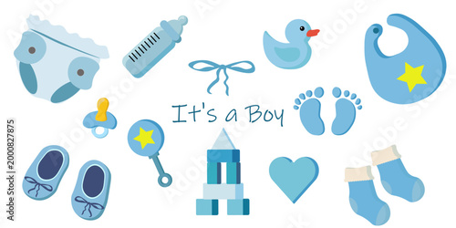 Baby boy elements set it’s a boy newborn shower blue vector illustration. Ideal for baby shower invitations, greeting cards, nursery decor and kids design.