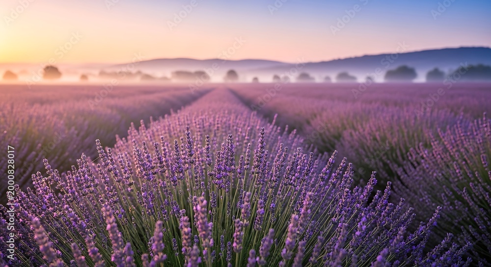 Obraz premium serene lavender field at sunrise with misty hills