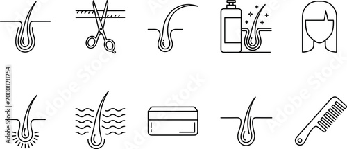Hair Care and Treatment Icon Set for Haircut, Shampoo, Treatment, and Styling in Beauty, Wellness, and Personal Care Applications