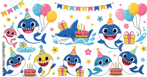 Foto Cute sharks birthday party set with cake, balloons, and gifts, cartoon sea animals celebrating holiday, fun marine characters vector illustration for kids design projects