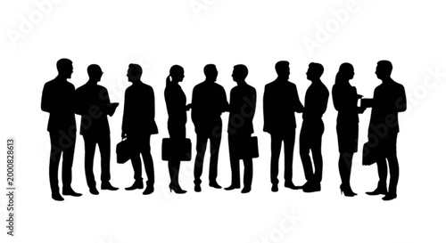Black silhouettes of business people standing in a row isolated on transparent background, Vector