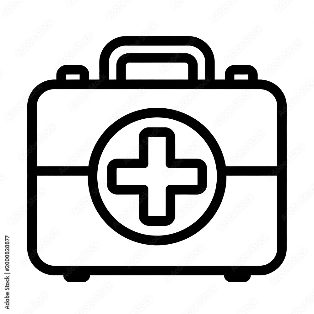 Fototapeta premium Medical first aid kit line icon, emergency medical suitcase symbol, professional healthcare equipment bag for hospital and clinic use isolated on White Background