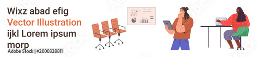 Teamwork, office setup, data analysis, digital tools, remote work, technology usage. Office chairs, data chart and people with devices. Teamwork and data analysis concept