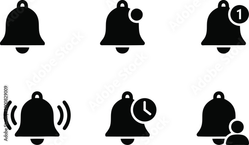 Notification bell icons: standard new alert ringing timer group with reminder