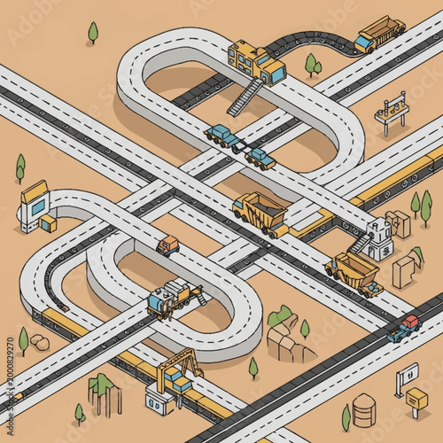 Complex transportation network with roads, railways, and construction vehicles.