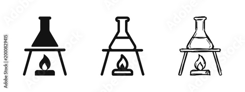 Lab Flask Heating on Tripod Icons Set - Chemistry Experiment and Science Symbols