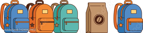 Colorful backpacks and a coffee bag arranged on a white background