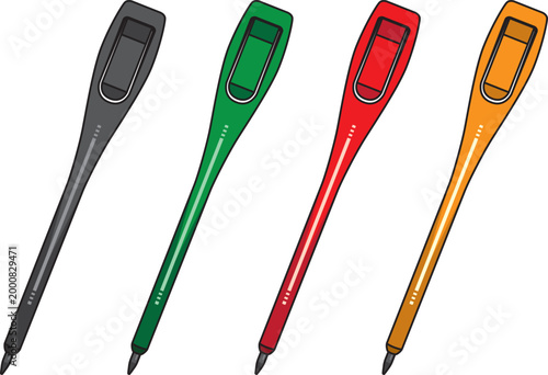 アンケート用使い捨て鉛筆のカラーバリエーション（黒・緑・赤・オレンジ）