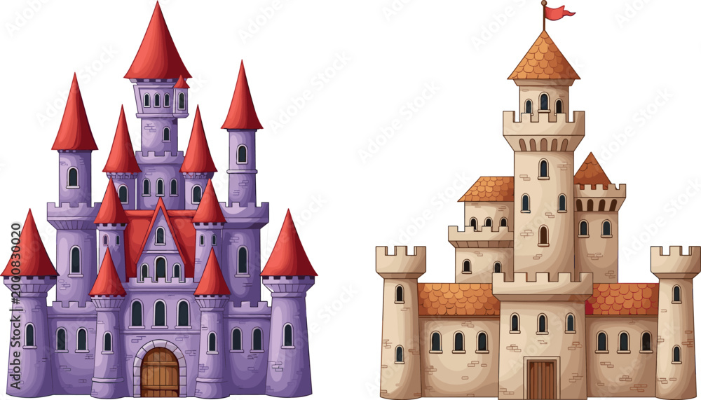 Εκτύπωση καμβά Fairytale Castle Illustration Set with Medieval Fantasy Towers and Royal Palaces