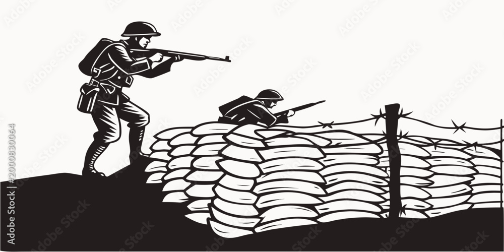 Behang Graphic silhouette of soldiers fighting from behind a sandbag trench barrier wit