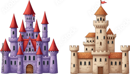 Tableau sur toile Fairytale Castle Illustration Set with Medieval Fantasy Towers and Royal Palaces