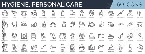 Set of 60 outline icons related to hygiene, personal care. Linear icon collection. Editable stroke. Vector illustration