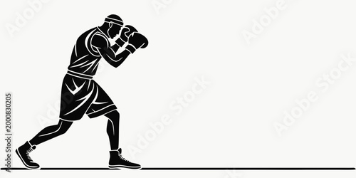 Photos Flat vector graphic illustration of a boxer in guard stance against horizontal l