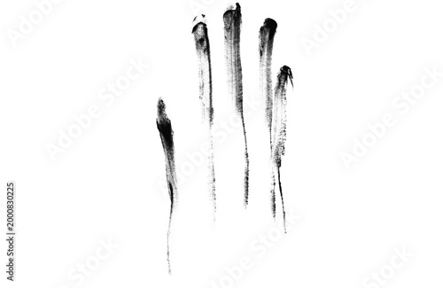 Konstfotografi Grungy black handprint with long finger streaks, creepy ink hand mark on white b