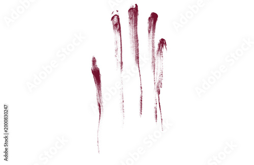 Bloody handprint smear on white background, dark red blood hand mark with finger streaks, horror and crime scene evidence graphic