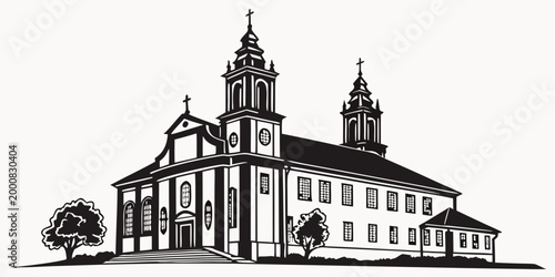 Bild auf Leinwand Detailed black and white illustration of a classic church with two steeples buil