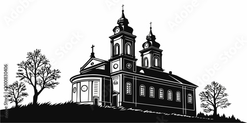 Bild auf Leinwand Black and white silhouette of a traditional church with twin bell towers and bar