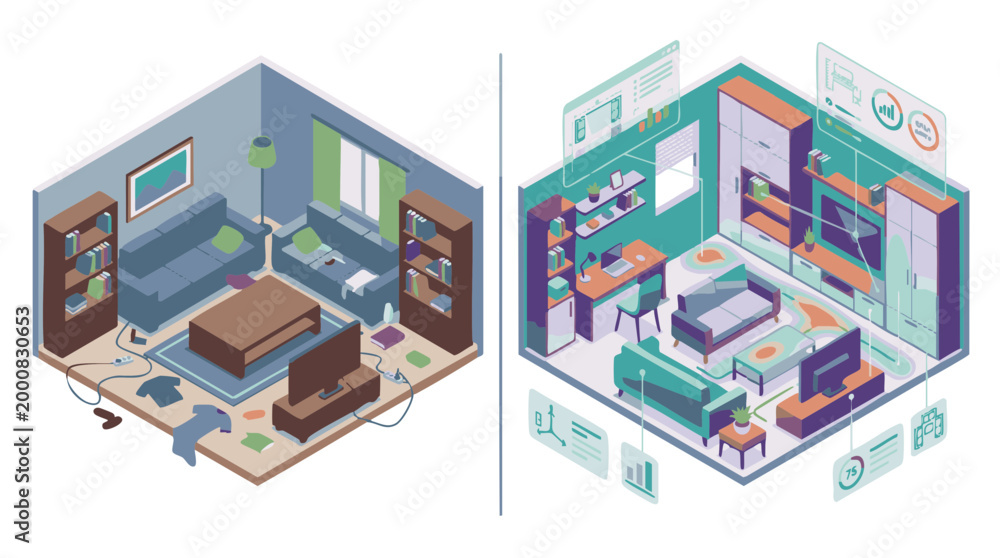 Fototapeta premium AI Room Planning Before and After Layout Vector