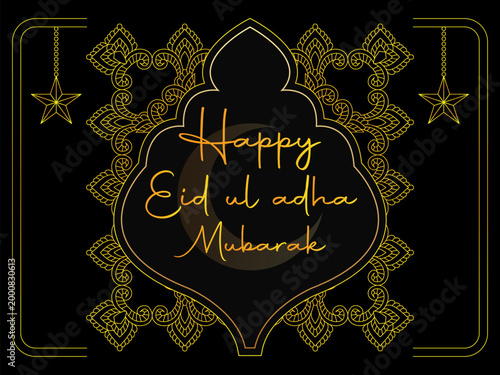 Black and Gold Eid al Adha Mubarak Luxury Islamic Background with Crescent and Mosque