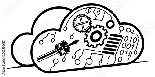 Cloud computing technical service concept with electronic components and maintenance tools computing technology maintenance software mechanism technical engineering information optimization