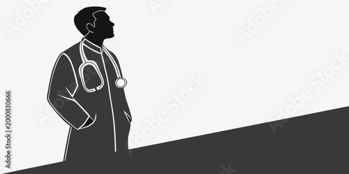 Side profile of a doctor standing with hands in pockets on minimalist background physician stethoscope healthcare professional silhouette medicine clinical standing hospital practitioner