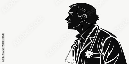 Side profile silhouette of a male doctor wearing a medical uniform and stethoscope with physician stethoscope healthcare silhouette professional clinical medicine practitioner hospital