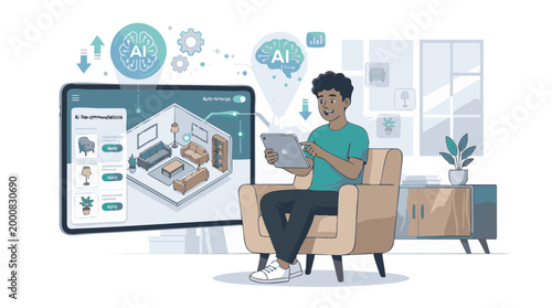 Person Using AI Room Planner App on Tablet Vector