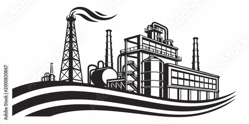 Industrial chemical plant complex graphic illustration with industry chemical petrochemical manufacturing production refinery industrial building structure engineering infrastructure