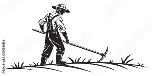 Silhouette graphic of a male farmer tilling soil with a hand hoe agriculture worker hard work manual labor farming equipment black and white farmer tool rural life growing food agriculture
